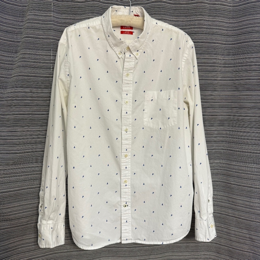 Izod Slim Fit White Cotton Button Down Shirt with Sailboat Motif Size XL